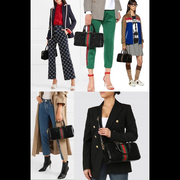 GUCCI BAG 524532 OPHIDIA BOSTON BLACK SUEDE WEB STRIPE GG LOGO CHARM - Picture 2 of 16